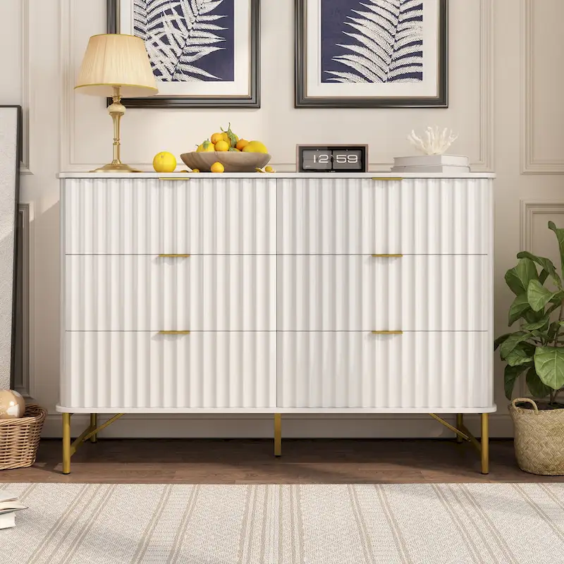 6-Drawer Accent Chest with Gold Handles & Metal Legs – White / Green / Black / Blue, Modern Style