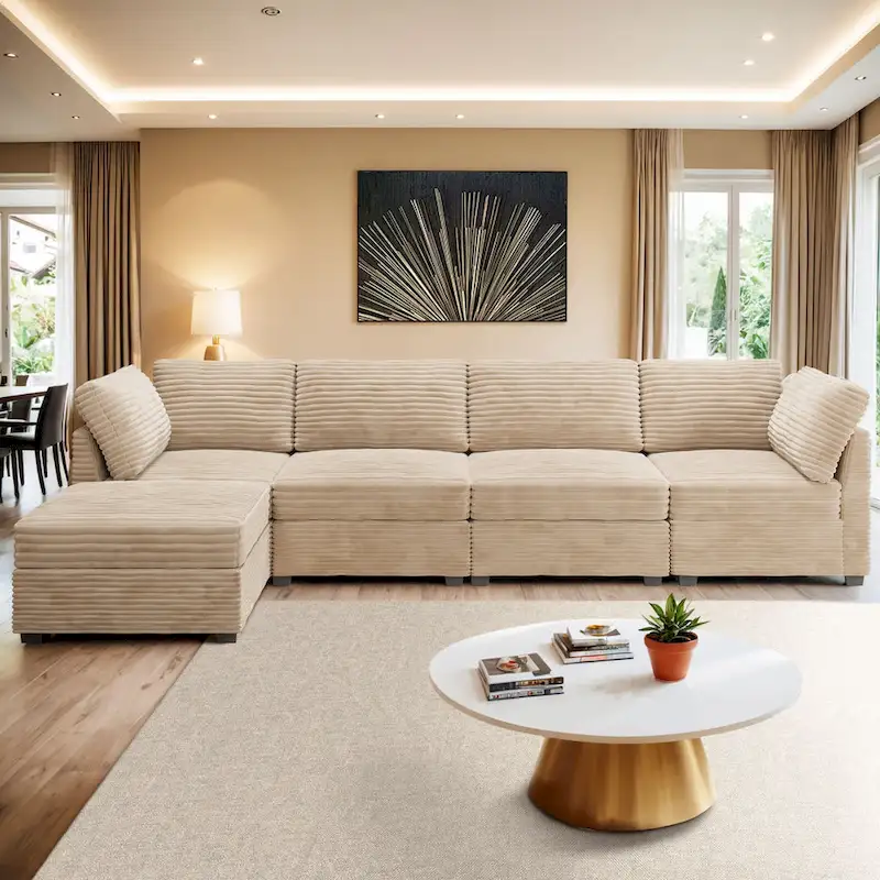 OVIOS Long Plush Deep Seat Indoor Sofa With Ottoman