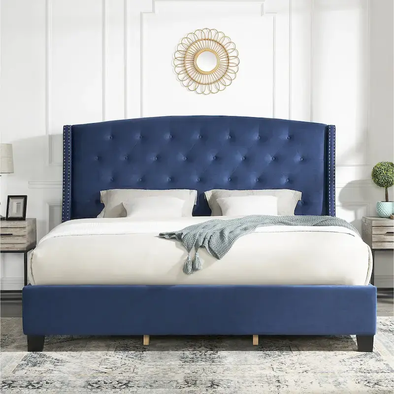 Roundhill Furniture Summit Wingback Tufted Upholstered Bed with Nailhead