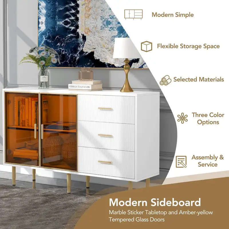 Modern Sideboard Buffet Cabinet with Gold Metal Legs