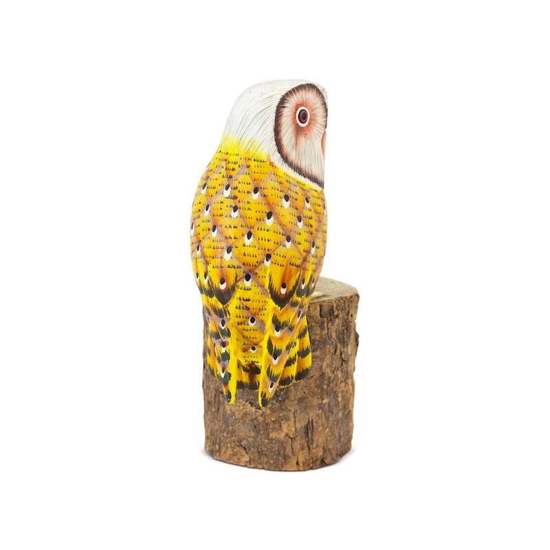 Wooden Hand Carved Yellow Barn Owl Standing on Log Statue Bird Figurine Sculpture Art Home Decor Handcrafted Decoration Handmade