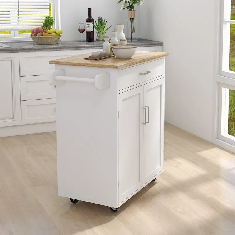 Kitchen Island Cart with Solid Wood Top, Cabinet, Drawers & Locking Wheels