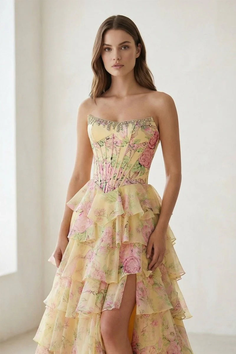 Yellow - Scoop Neck A Line Floral Chiffon Ruffled Prom Dresses With Beading