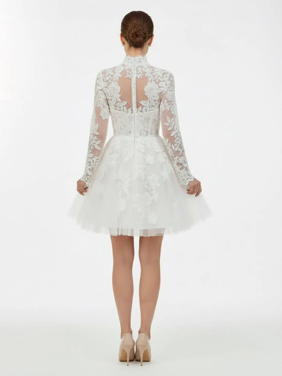 Short White A-Line Illusion Neck Long Sleeves Lace Wedding Dresses
