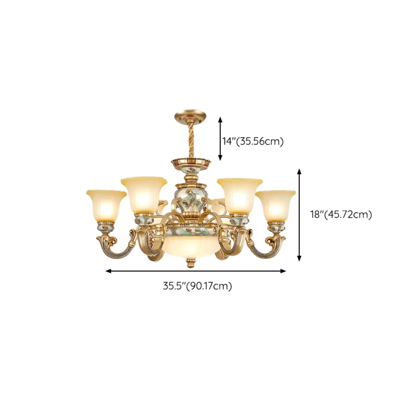 Antique Gold Ceramic Chandelier with Frosted Glass Bell Shape