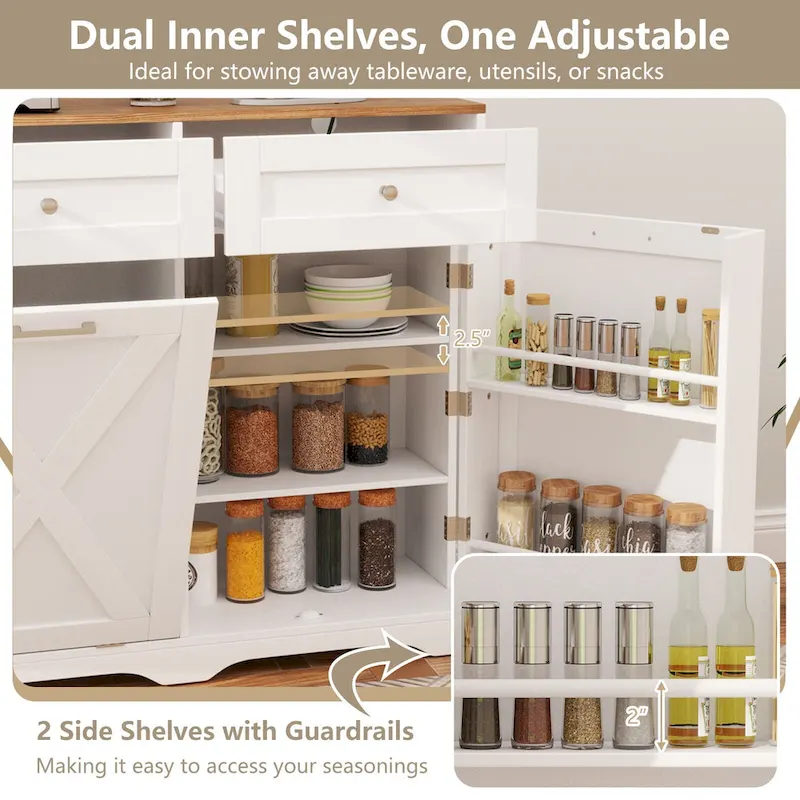 Gymax Tilt Out Trash Can Cabinet w/ Outlets 2 Drawers Adjustable Shelf