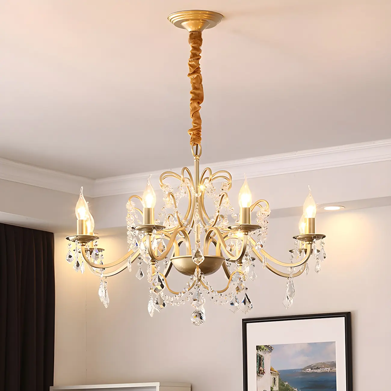 French Curved Arms Gold Crystal Candelabra Chandeliers