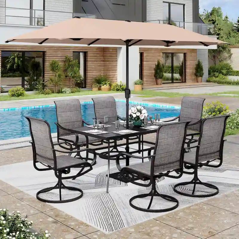 MAISON ARTS 7/8 Pieces Patio Dining Set, 6 x Swivel Dining Textilene Chairs and 1 Metal Table with 2.6
