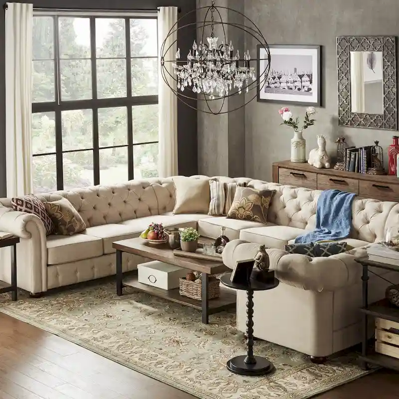 Tufted U-Shaped Sectional Sofa 10-Seater with Scroll Arms