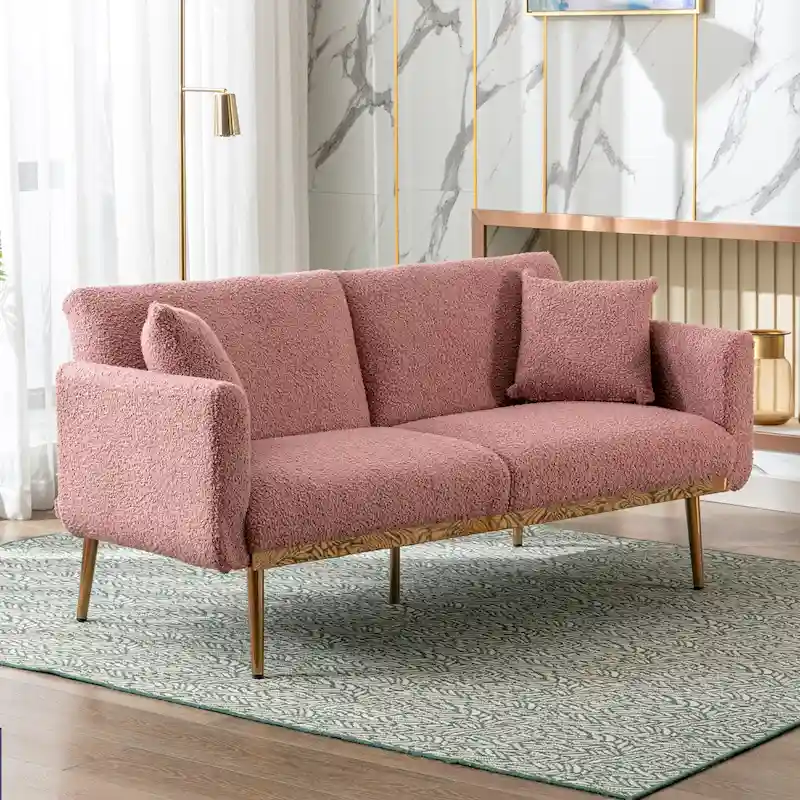 Teddy Fabric Upholstered Tufted Loveseats Sleeper Sofa With Rose Golden Legs