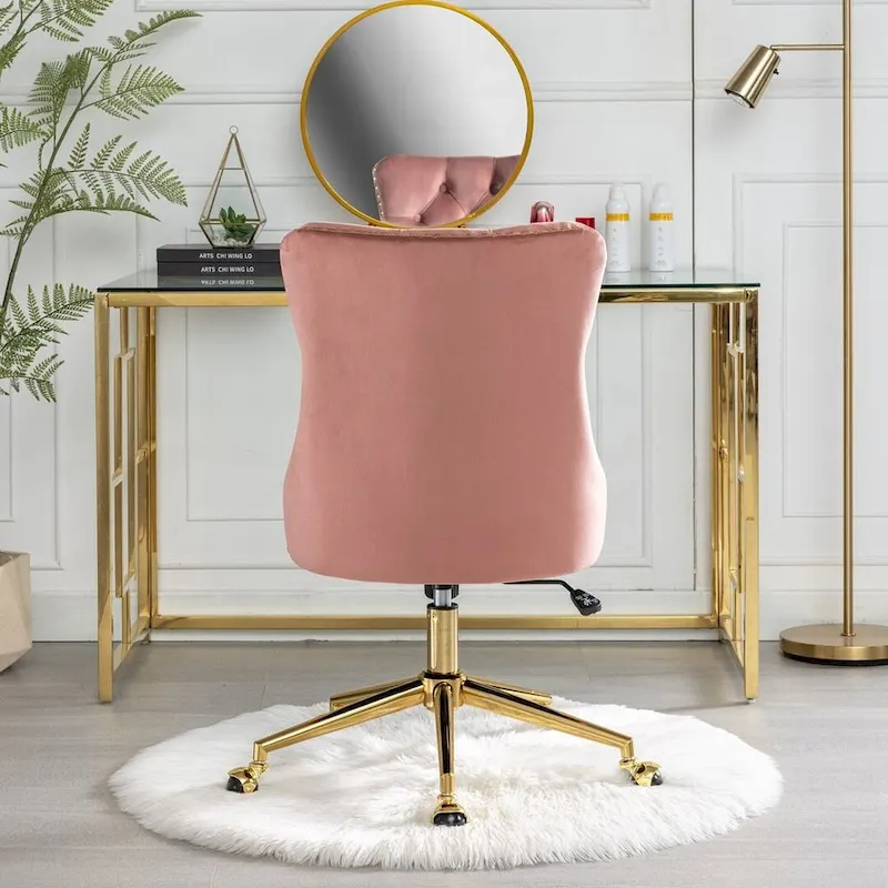 Beige / Black / Pink / Grey Velvet Tufted Button Swivel Office Chair with Gold Metal Base & Adjustable Height – 1-Person