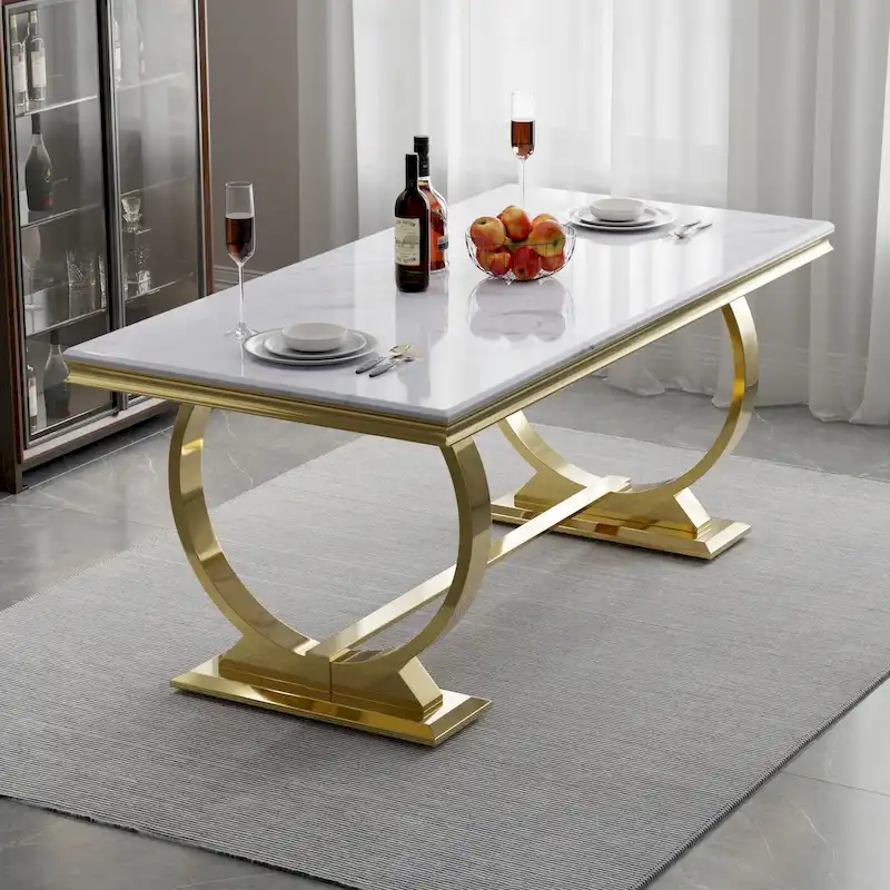 Dining Table with Circular Pedestal Base - Marble Texture Top, Seats 4-8 (Black/Grey/White)