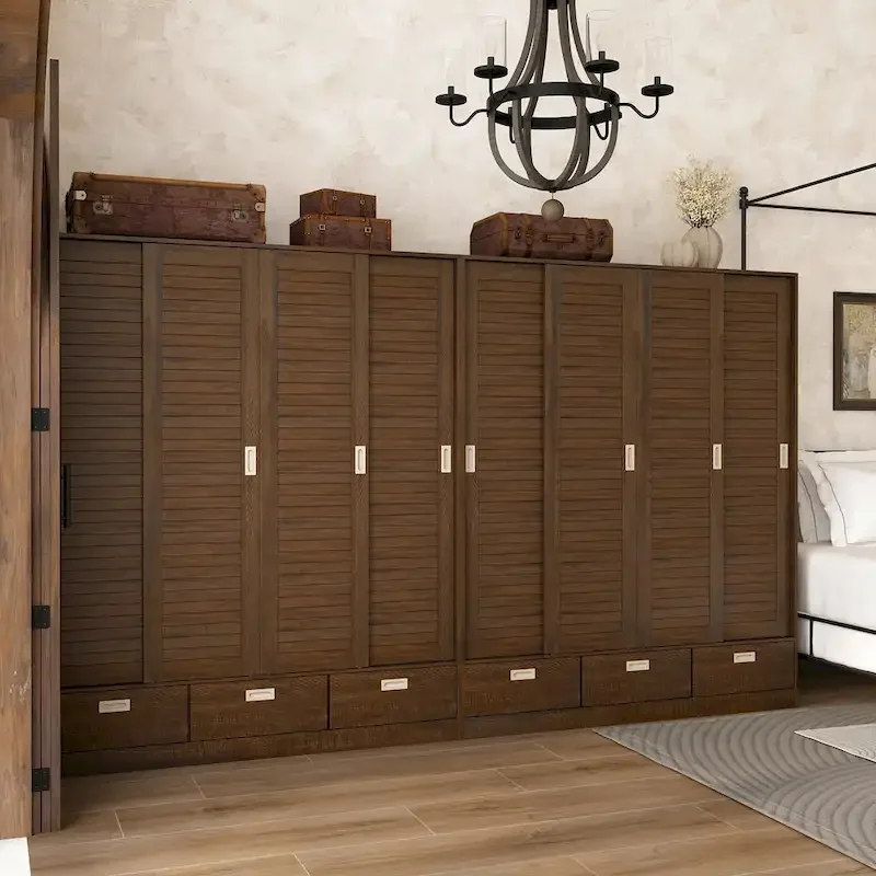 Brown Wardrobe Armoire with Drawers, Hanging Rod 4 Sliding Doors