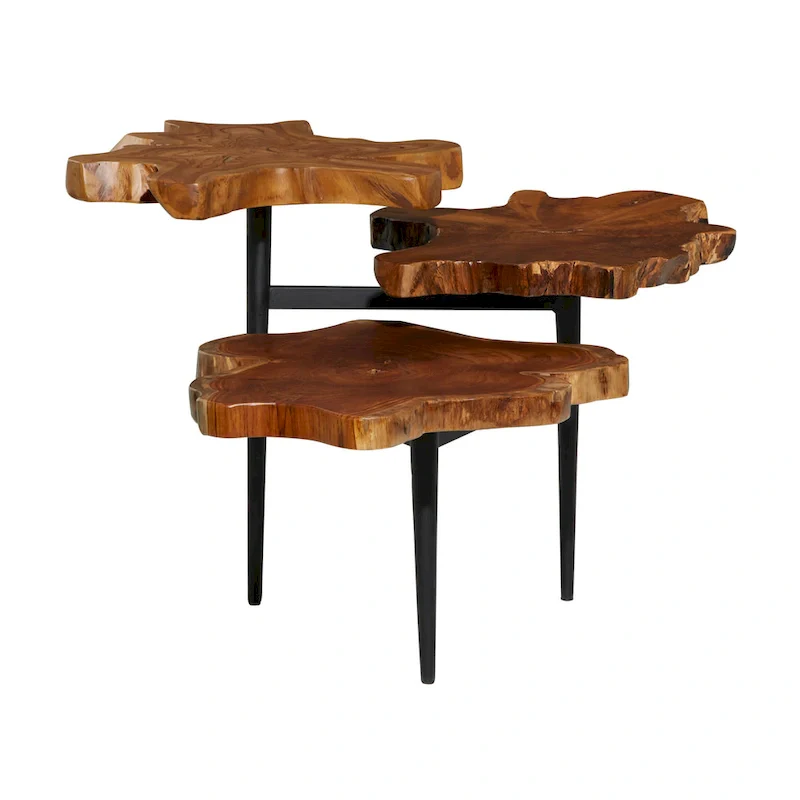 Teak Wood Handmade Live Edge 3 Tier Accent Table with Black Base - Brown - Roche River Decor - 36 W x 34 L x 24 H