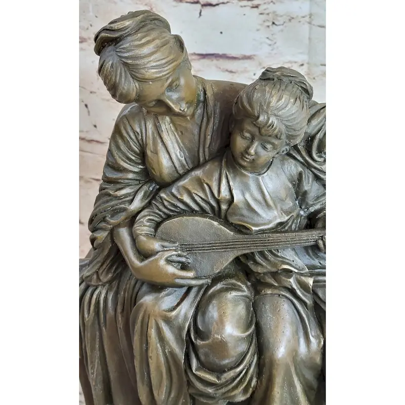 Mother And Playing Music Guitar 100 Percent Solid Bronze Sculpture Figurine Figure Sale
