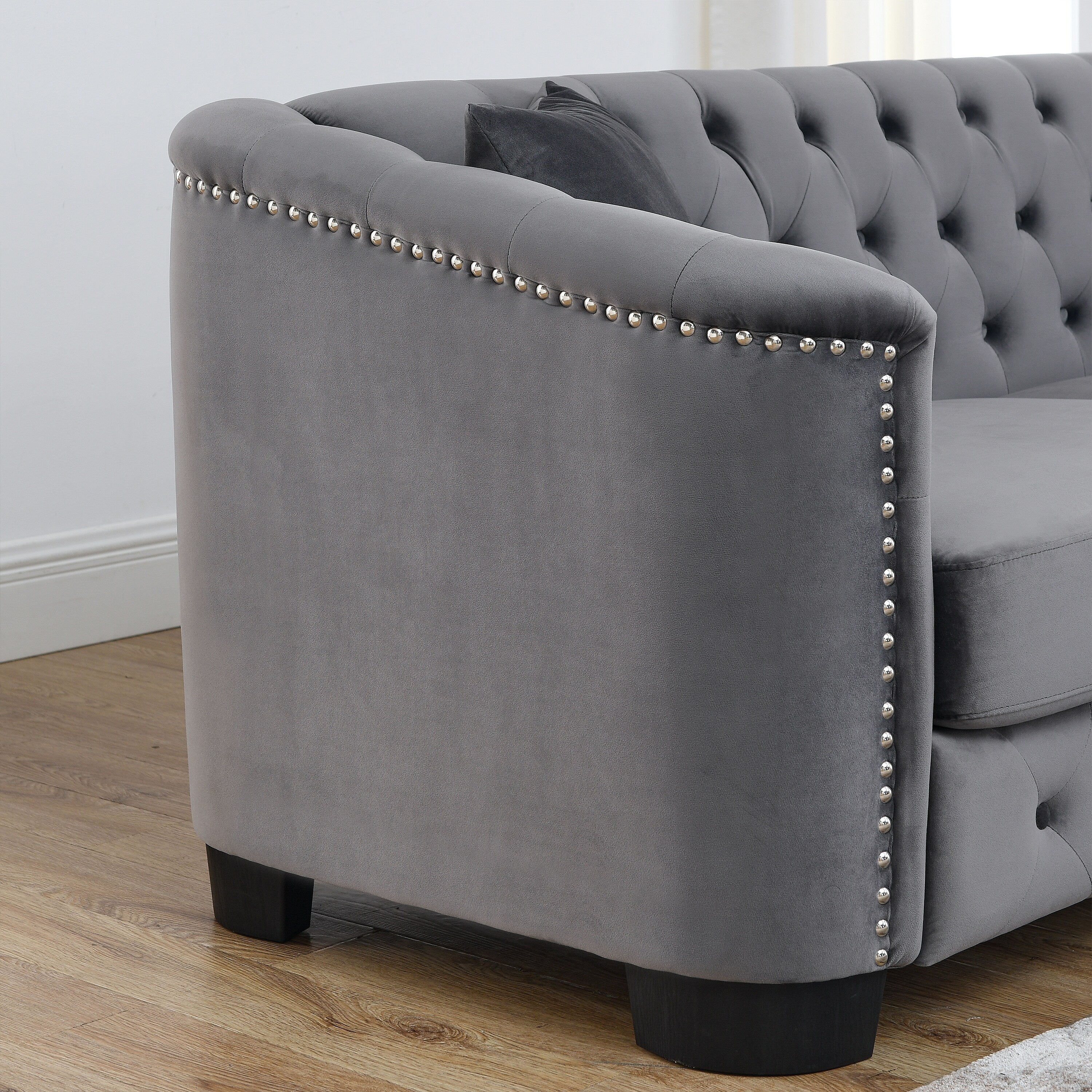 Grey 59'' Modern Velvet 2-Seater Sofa with Tufted Backrest and Nailhead Arms