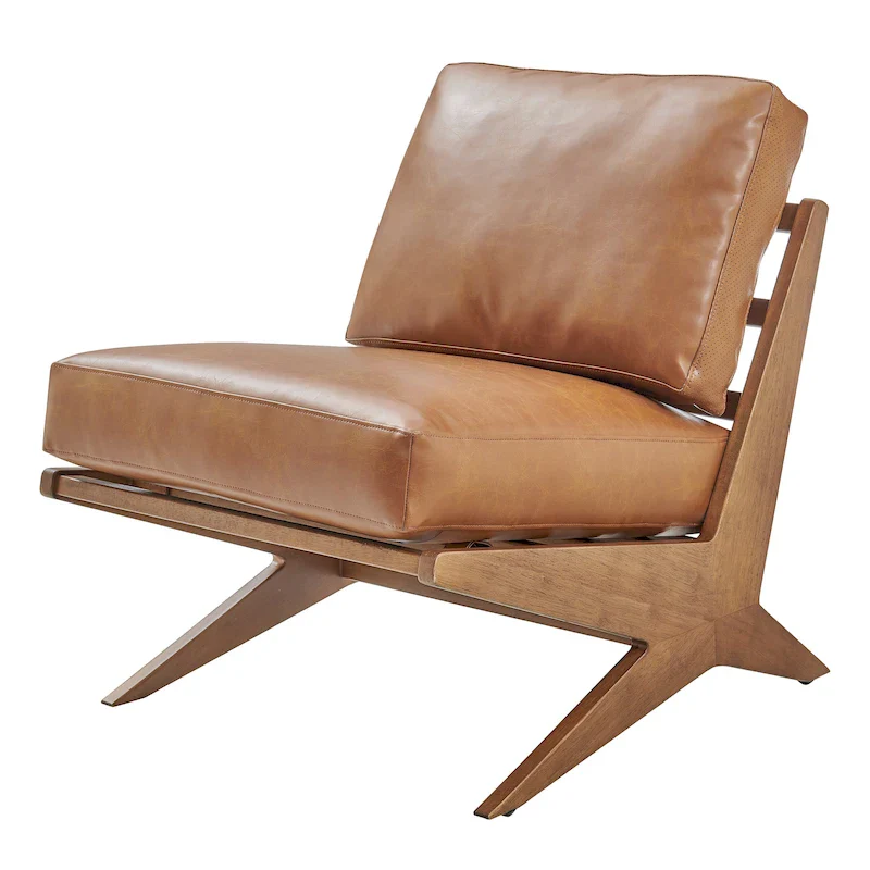 Mid-Century Accent Chair, Borneo Chocolate / Palladian Beige, Faux Leather & Boucle, Single Seat