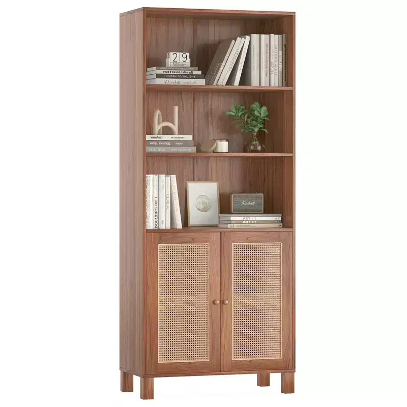 MAYEERTY Tall 5-Tier Bookcase with Rattan Doors, Wood Storage Shelves for Library Living Room Bedroom Home Office