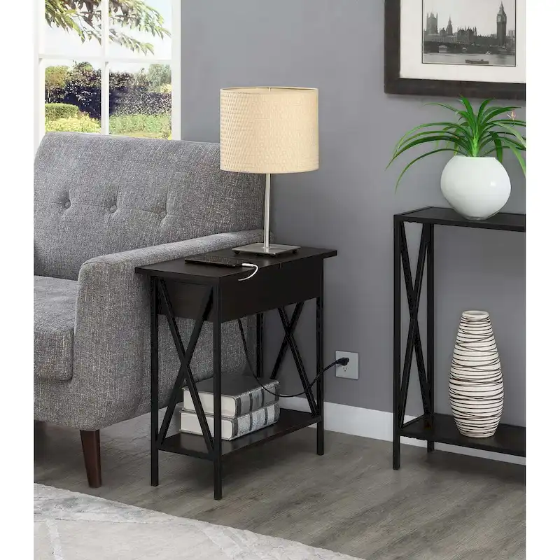 Tucson Flip Top End Table with Charging Station and Shelf