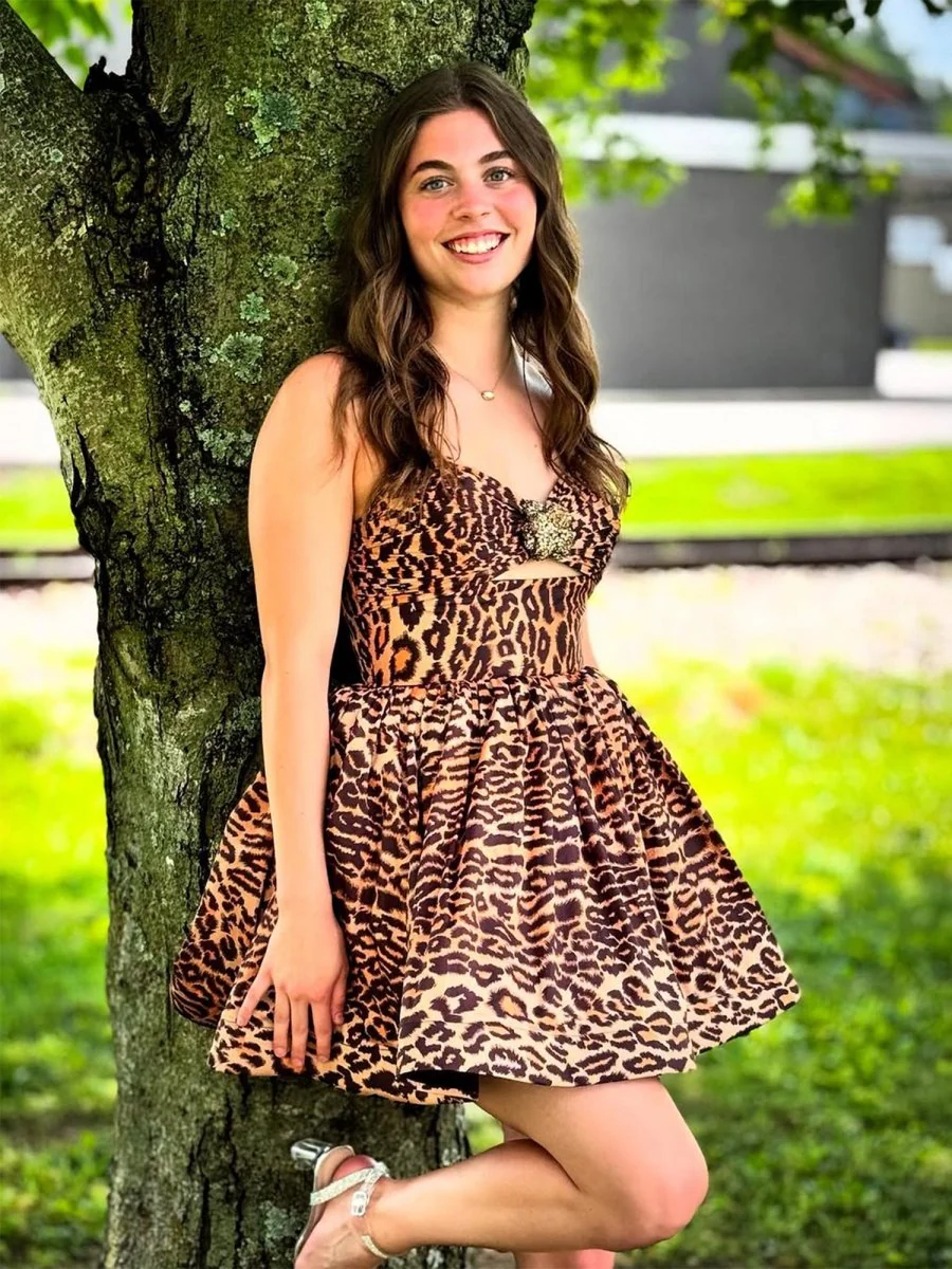 Leopard - A Line Spaghetti Straps Satin Short Homecoming Dress With Beadings