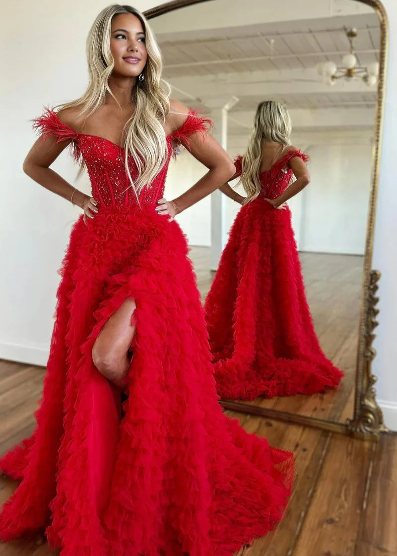 A Line Sweetheart Tiered Tulle Long Prom Dress With Slit