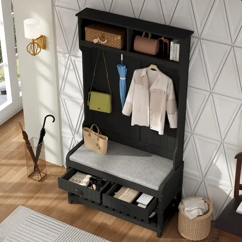 34.3 W 68.5H Hall Tree with Bench and Shoe Storage With Cushion