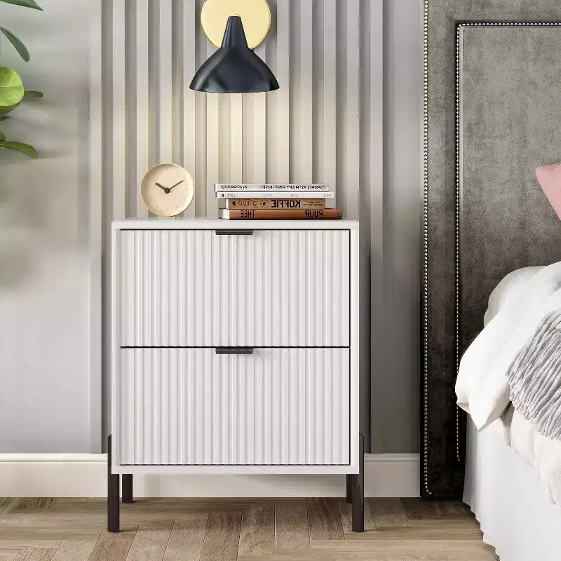 Festivo 2 Drawer Nightstand Off-White: Scandinavian Style, Modern Square Shape, MDF Construction