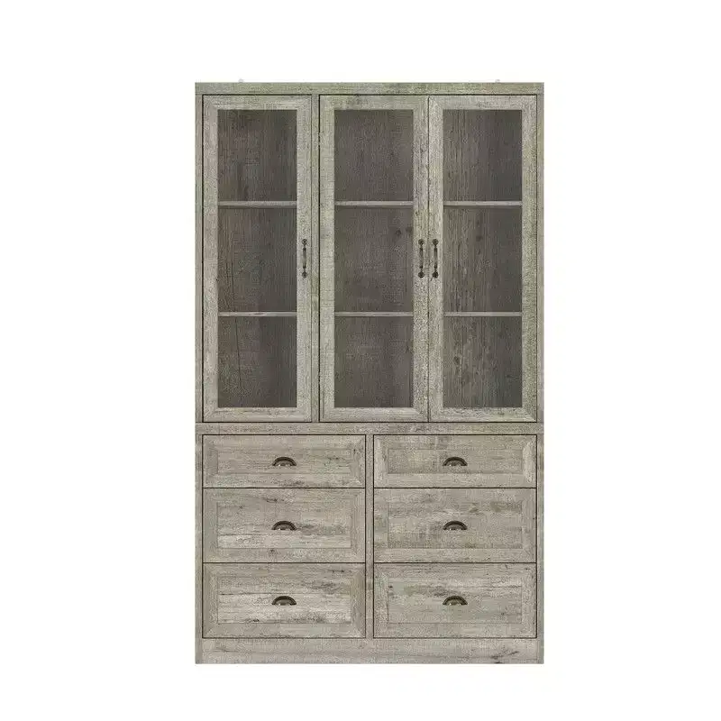 Famapy Vintage Kitchen Cabinet with Adjustable Shelves Rustic Storage Hutch with 6 Drawers Kitchen Pantry with Glass Door Antique-Style