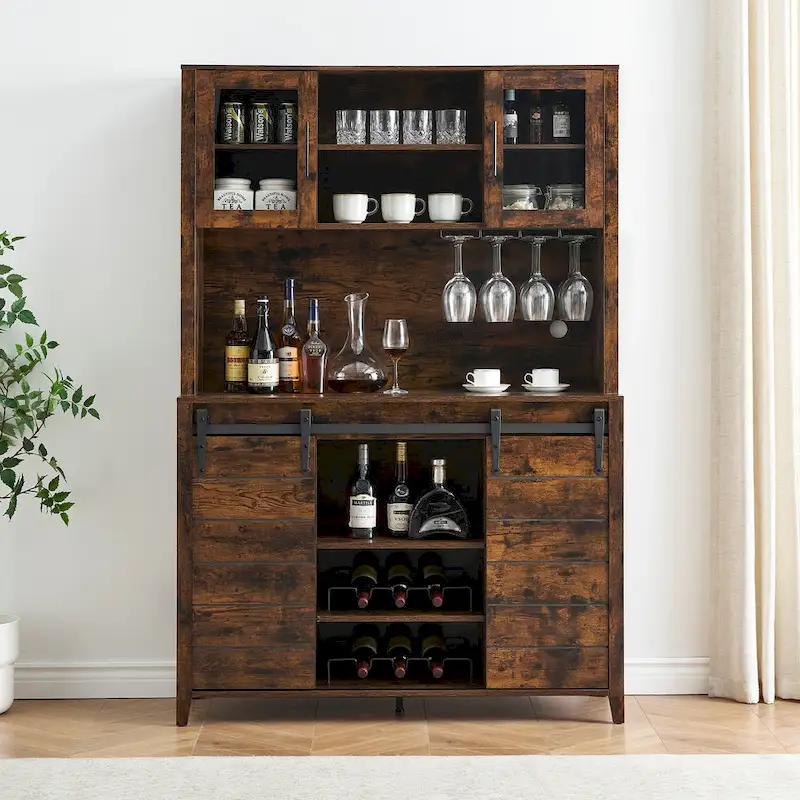 Farmhouse Wine Cabinet Kitchen Buffet with Wine Rack - 15.7D x 47.2W x 69.6H