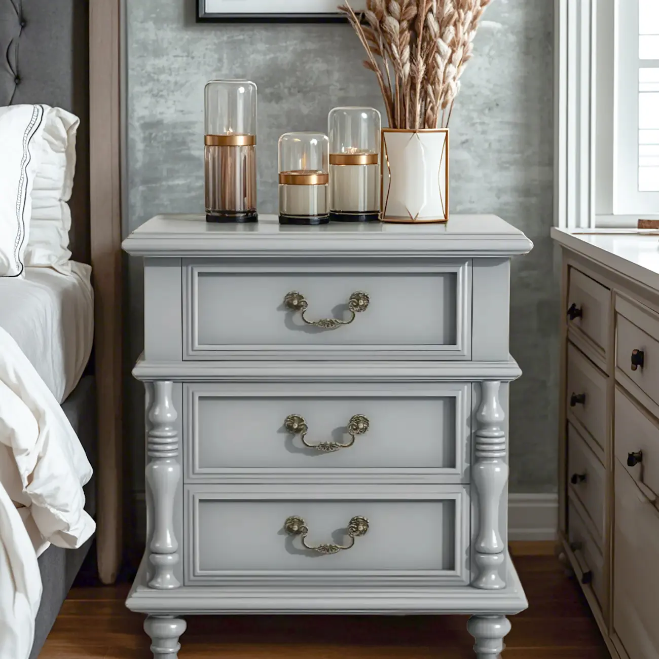 Elegant White Wood Bedside Table with 3 Storage Drawers