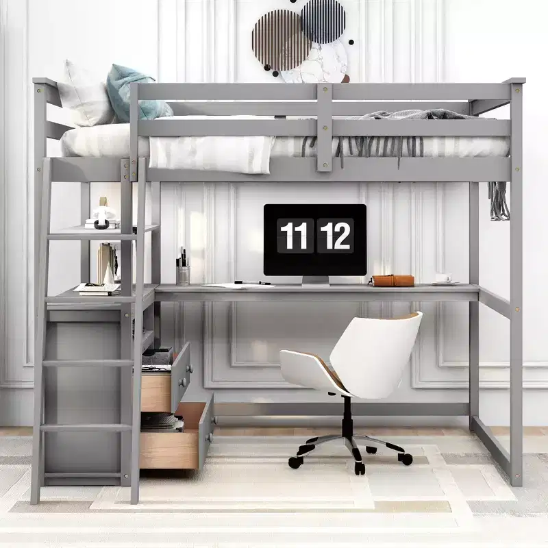 Full Size Loft Bed with Desk, Shelf and Two Built-in Drawers - ModernLuxe
