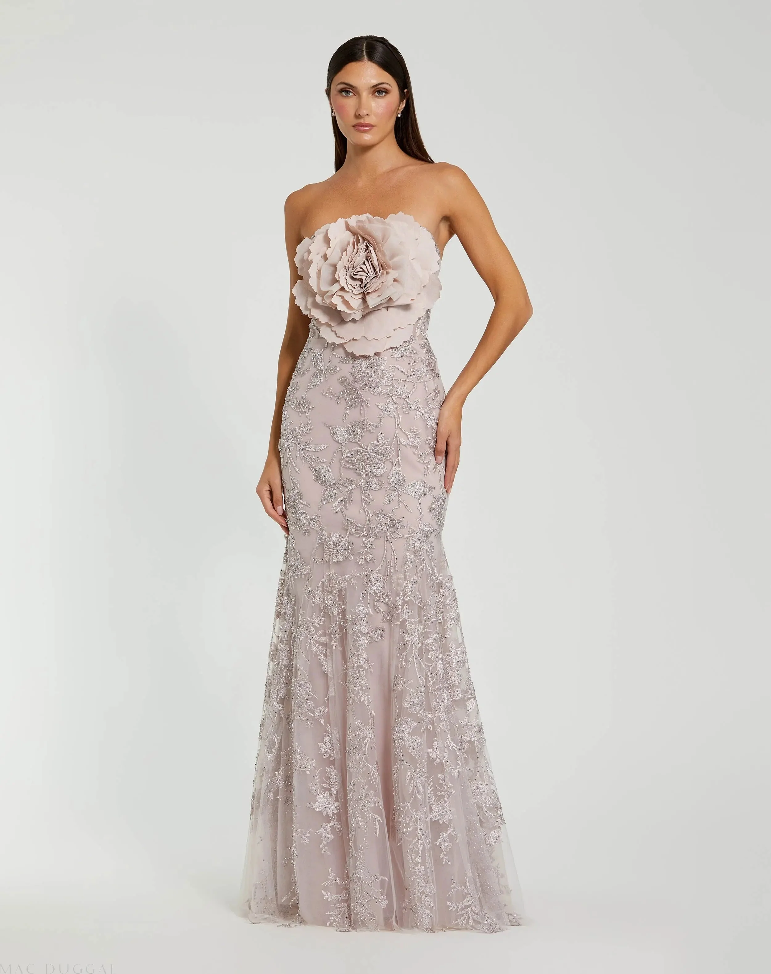 Pink Strapless Lace Embellished Trumpet Gown With 3D Flower