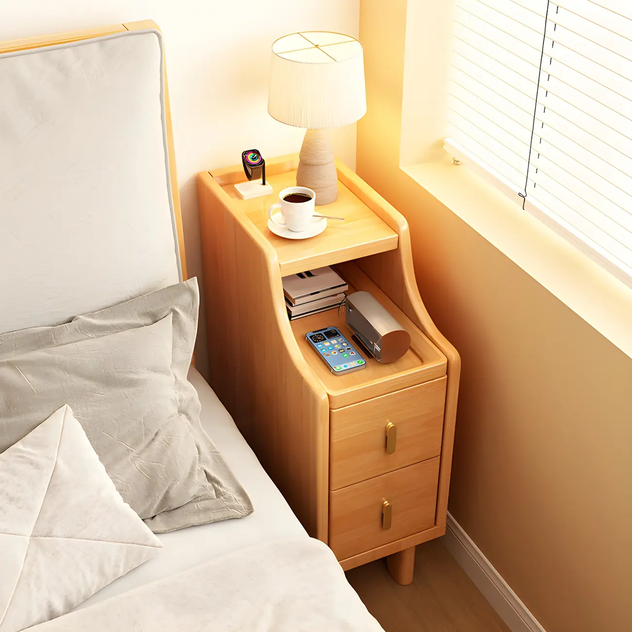 Narrow Small Walnut Wood Nightstand with Shelves