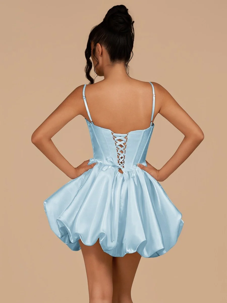 Sky Blue - A Line Bubble hem Satin Corset Sweetheart Homecoming Dresses