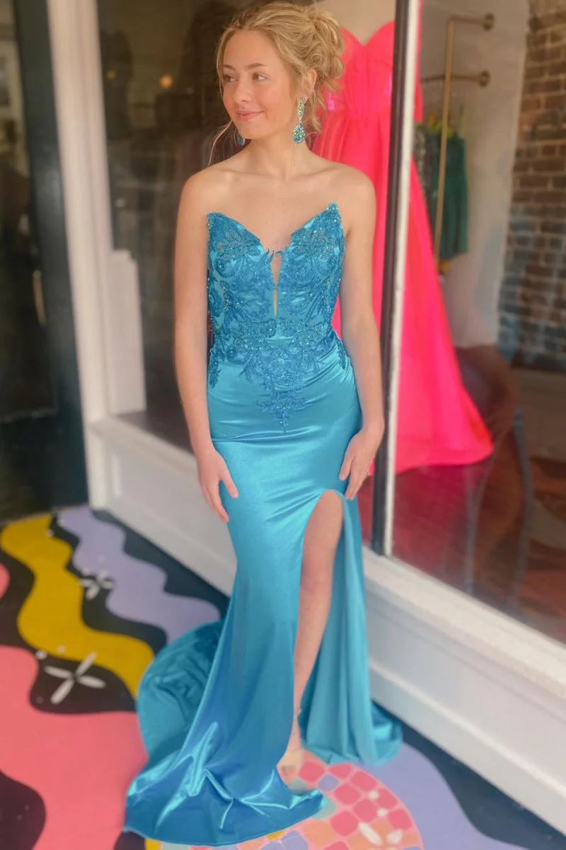 Mermaid V Neck Blue Satin Mermaid Prom Dress with Slit