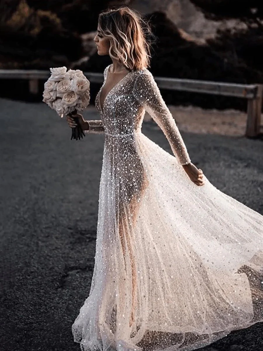 Bohemian A-Line Sparkly Sequined Luxury Wedding Dresses