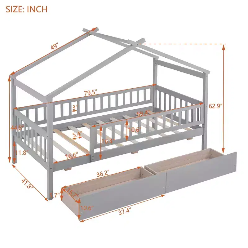 Bellemave Twin Size House Bed Frame with Two Drawers and Guardrails, Wooden Kids Platform Bed, Gray