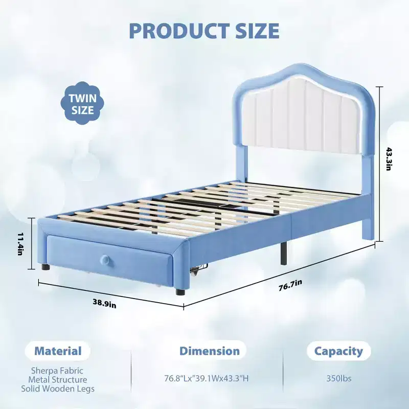 Twin Size Bed Frame with Storage Drawer,Upholstered Platform Bed Frame with Wooden Slats Support, Easy Assembly,No Box Spring Needed, for Kids