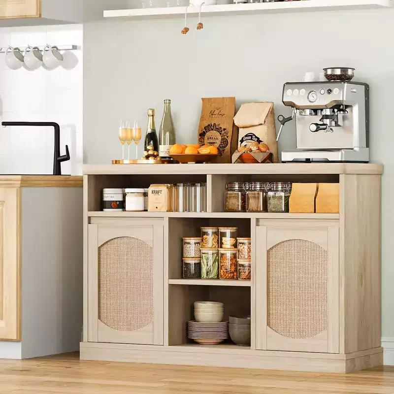 Rattan Buffet Cabinet with Storage - 47 Sideboard Storage Cabinet, 2 Rattan Doors, Natural Wood Accent, Coffee Bar, Kitchen Dining Living Room