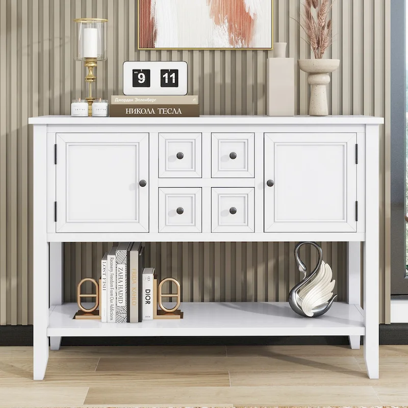 White 4-drawer Buffet Sideboard Console Table with Bottom Shelf