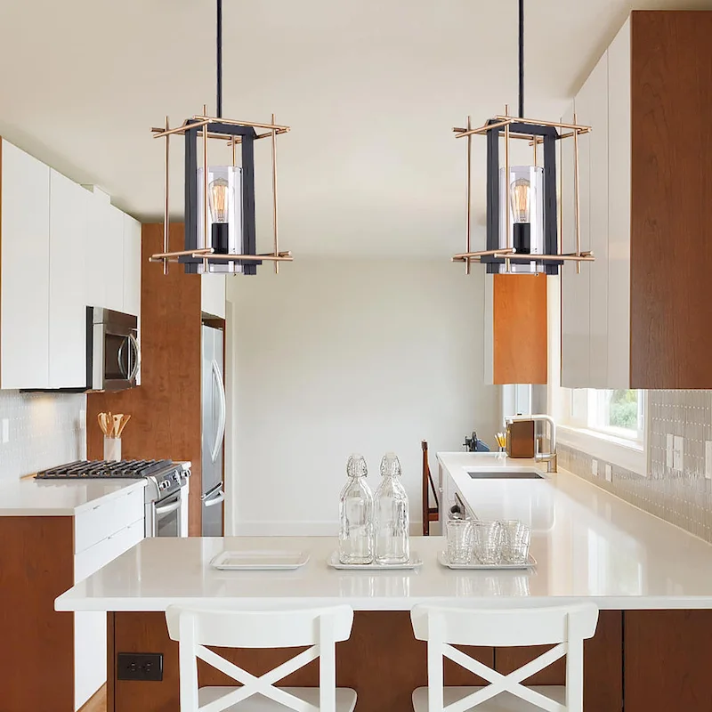 Braum Matte Black+Gold-Bronze Rectangle Metal Cage 1-Light Pendant with Cylinder Clear Glass Shade