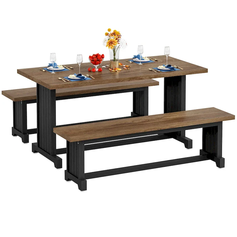 47 Inches Farmhouse Wood 3-piece Small Dining Table with 2 Benches - N/A