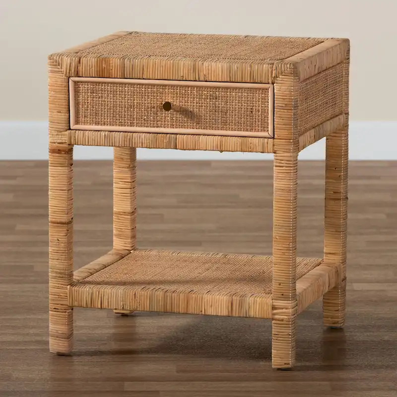 Adelia Modern Bohemian Natural Rattan and Mahogany Wood 1-Drawer Nightstand
