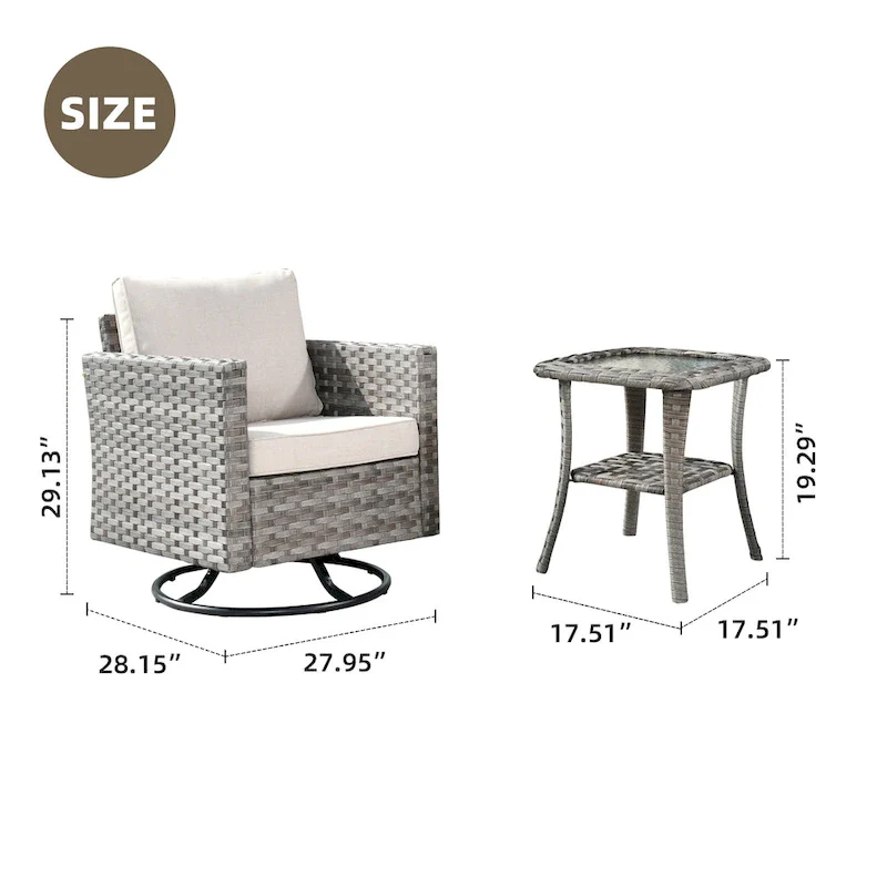 OVIOS Patio Wicker Swivel Rocking Chair 3-piece Set with Side Table