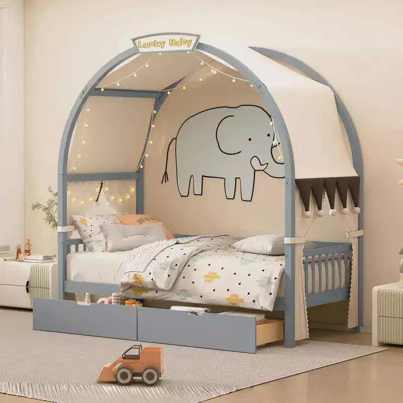 Arched Twin Size House Bed with 2 Storage Drawers, Canopy Bed Frame with Lights Strip, Wood Montessori Floor Bed for Kids