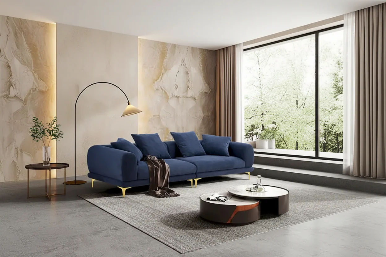 Fabric Sofa with Recessed Arms & Metal Legs – Blue / Beige, Mid-Century Modern, Seats 4