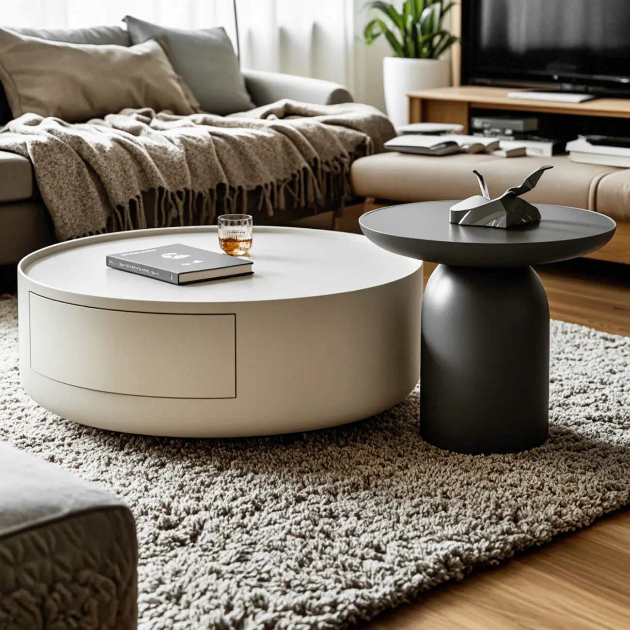 Modern Black White Wood Round Coffee Table with Storage