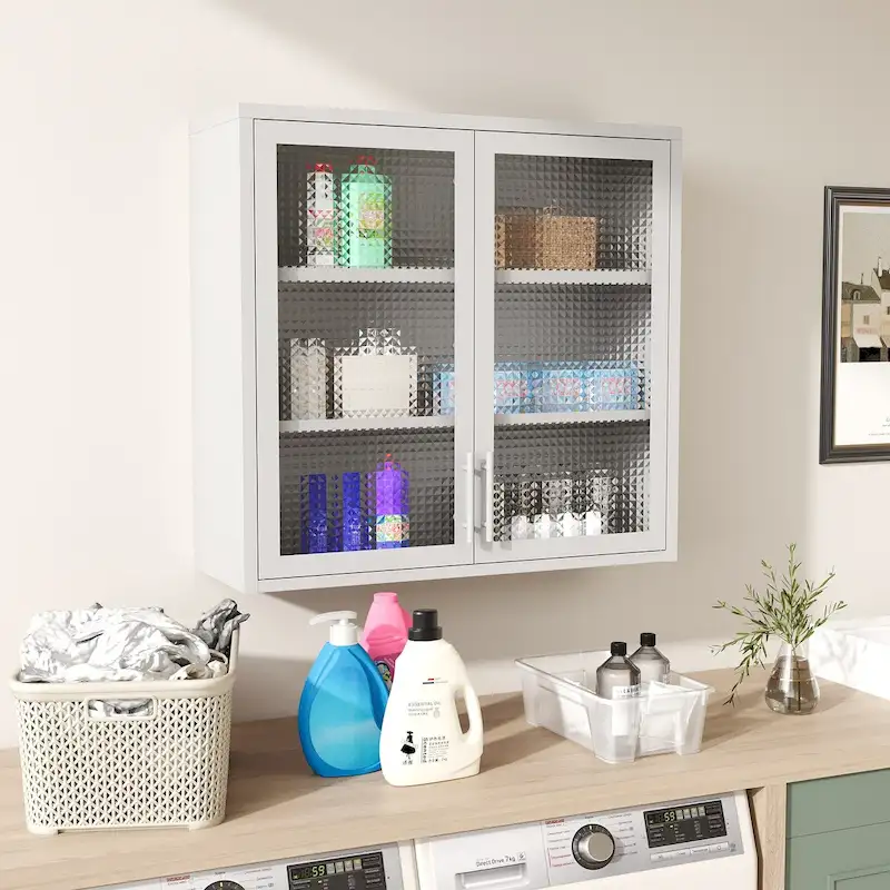 White / Black Wall-Mounted Steel Cabinet with Hazy Glass Doors, 2-Person Assembly