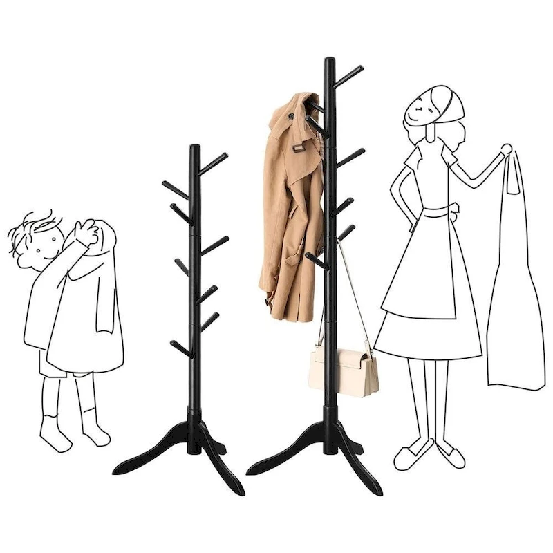 Solid Wood Modern Coat Rack, 8 Hooks, 53 lb Capacity, Adjustable 3-Section Design with Triangular Base