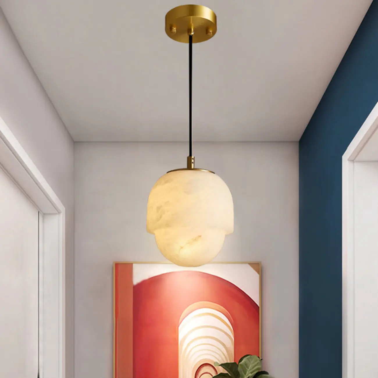 1-Light White Stone Geometric Hanging Pendant Light